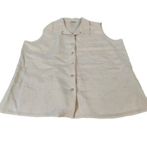 Silk Land Sleeveless Shirt Women 3X Beige Excellent Silk Linen Blend Camp Collar